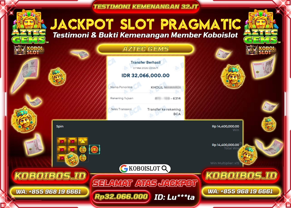 BUKTI KEMENANGAN SLOT GACOR AZTEC GEMS Rp32.066.000,- LUNAS