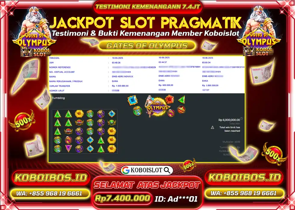 BUKTI KEMENANGAN SLOT GACOR GATES OF OLYMPUS Rp7.400.000,- LUNAS