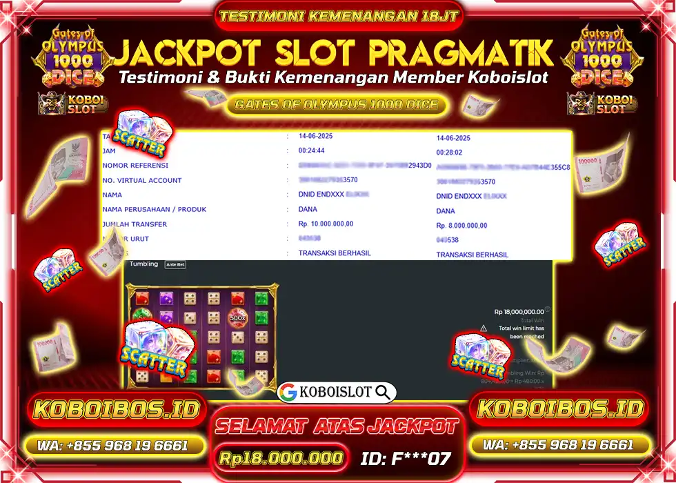 BUKTI KEMENANGAN SLOT GACOR GATES OF OLYMPUS 1000 DICE Rp18.000.000,- LUNAS