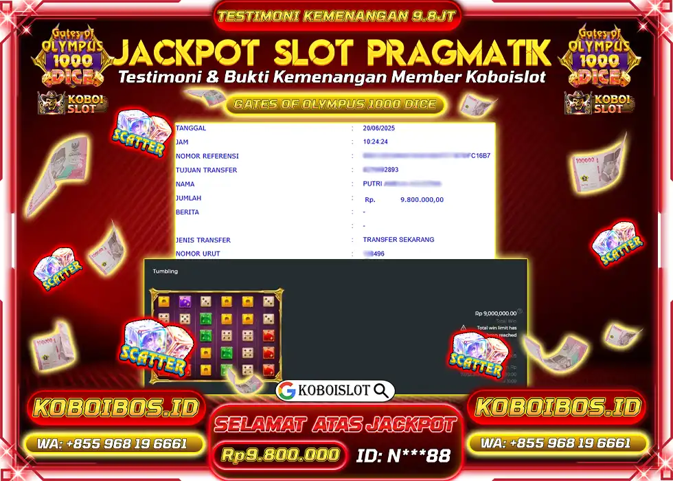 BUKTI KEMENANGAN SLOT GACOR GATES OF OLYMPUS 1000 DICE Rp9.800.000,- LUNAS