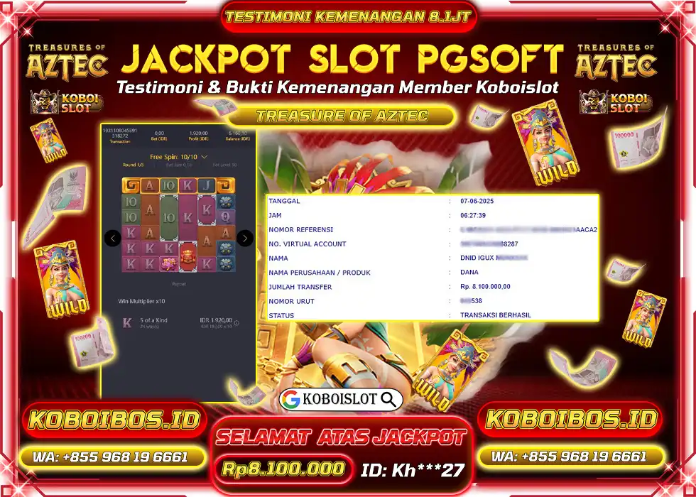 BUKTI KEMENANGAN SLOT GACOR TREASURE OF AZTEC Rp8.100.000,- LUNAS