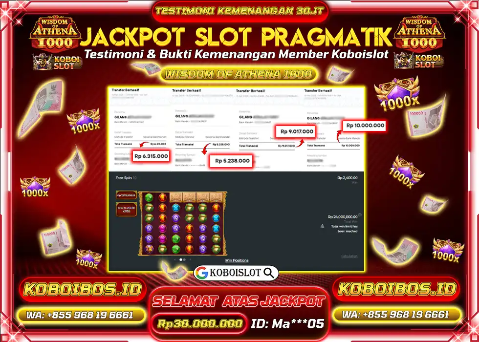 BUKTI KEMENANGAN SLOT GACOR WISDOM OF ATHENA 1000 KOBOISLOT Rp30.000.000,- LUNAS