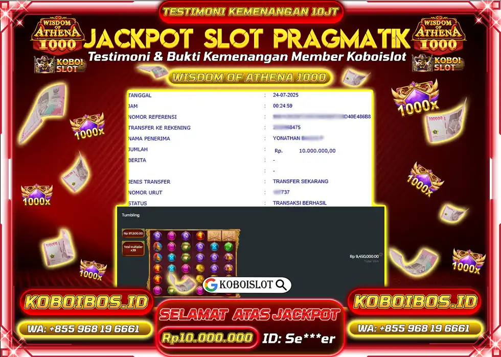 BUKTI KEMENANGAN SLOT GACOR WISDOM OF ATHENA 1000 Rp10.000.000,- LUNAS